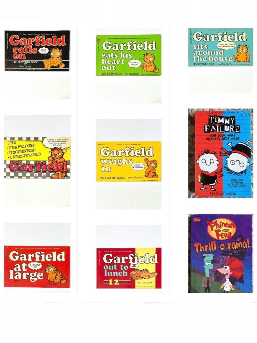 7 Garfield Books, Timmy Failure & Phineas and Ferb Books.